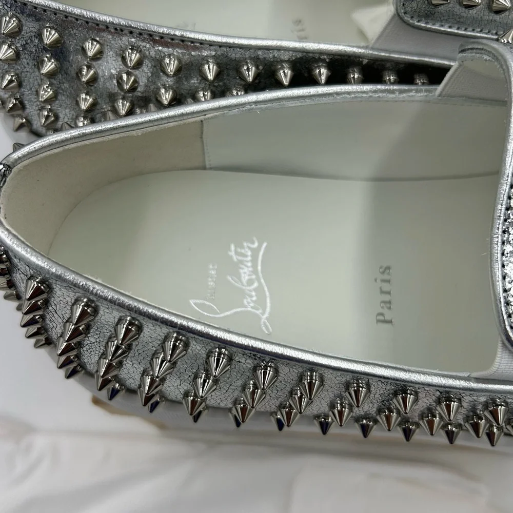 Men's Christian Louboutin roller boat, metallic silver spiked sneakers size 46